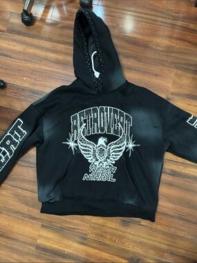 Black Graphic 'RETROVEST' Eagle Hoodie with distress and rhinestones
